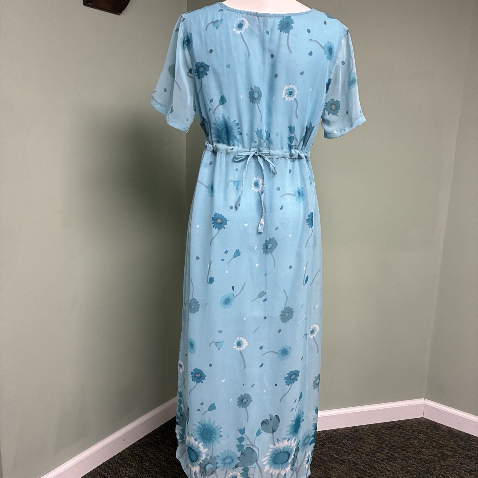 Vintage Sacred Threads Chiffon Maxi Dress M/L Floral Daisy Blue Semi-Sheer Y2K