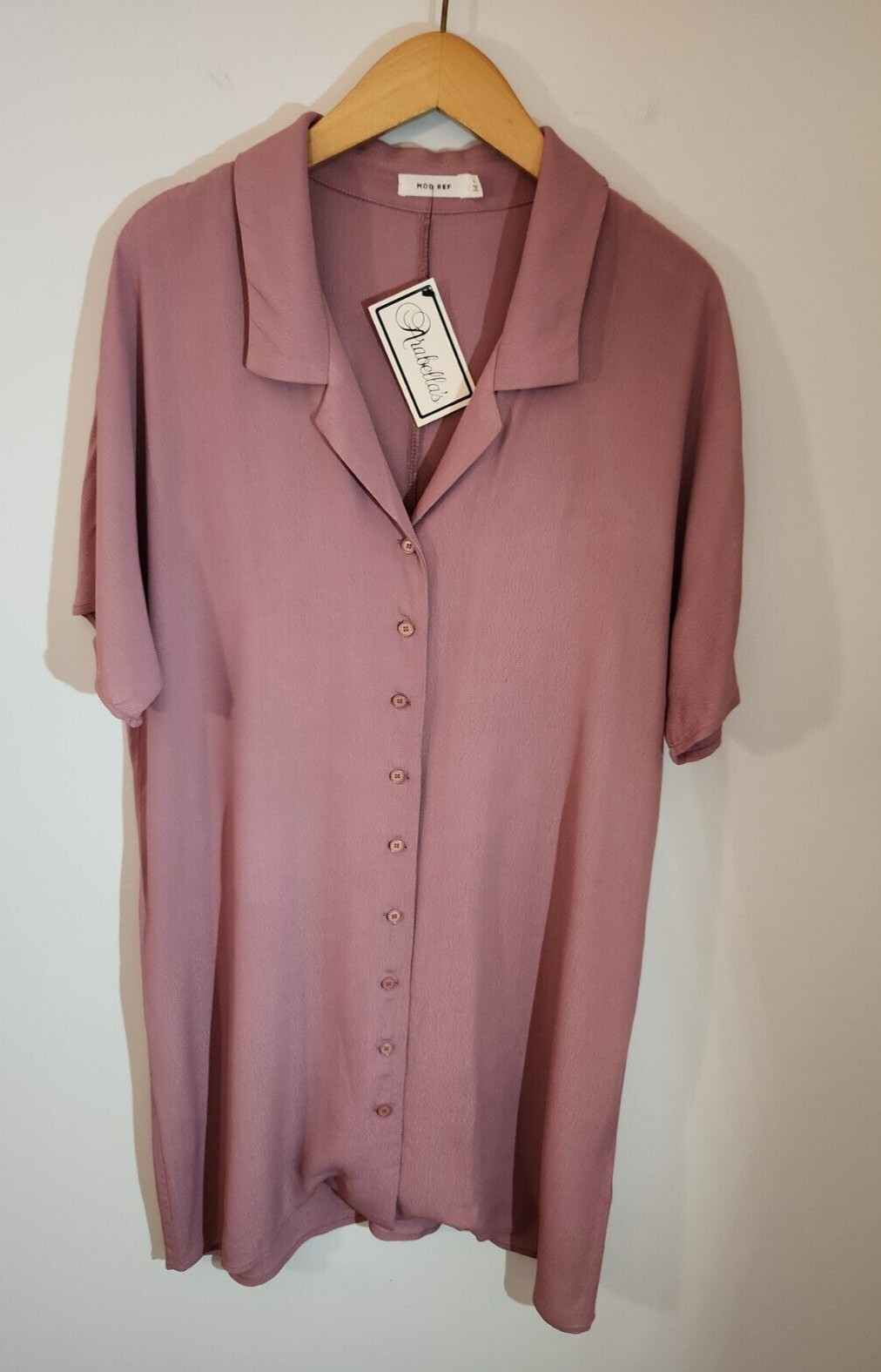 Mod Ref Button Front Short Sleeve Plum Liberty Dress Size L. NWT MSRP $54.