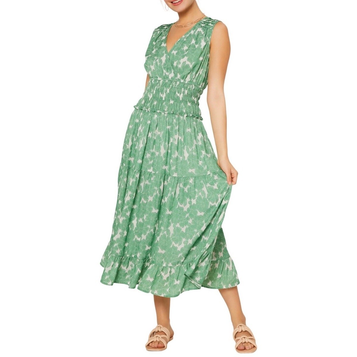 Current Air Green Printed Tiered Maxi Sleeveless Dress Size S Small