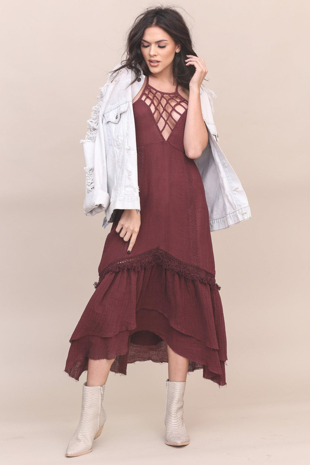 NWT~SOME DAYS LOVIN~Eggplant CROCHET & FRINGE Macrame BOHO Linen DRESS~S~NEW!
