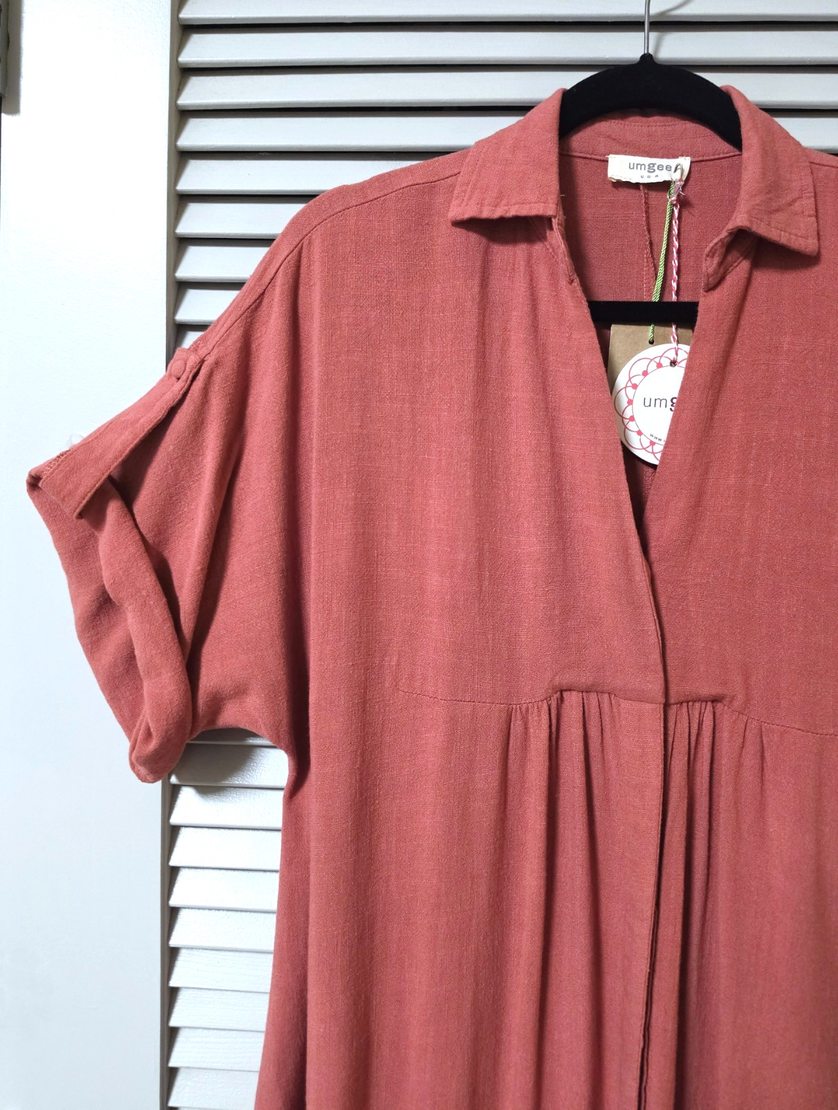 dusty rose roll-up slev button down shirt long dress 1XL