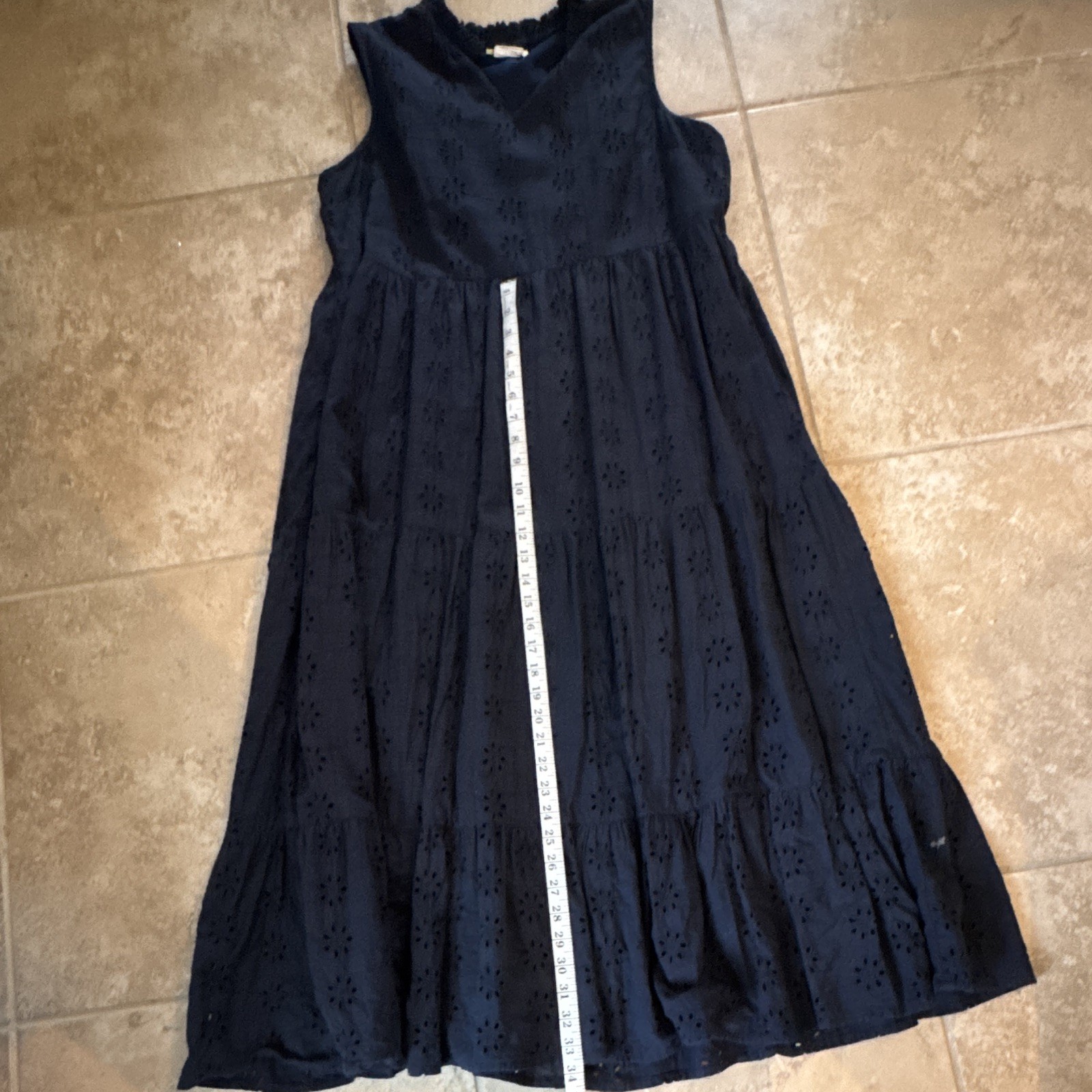 Sweet Magnolia Solid Navy Eyelet A-Line Midi Dress V-Neck Ruffle Lined L