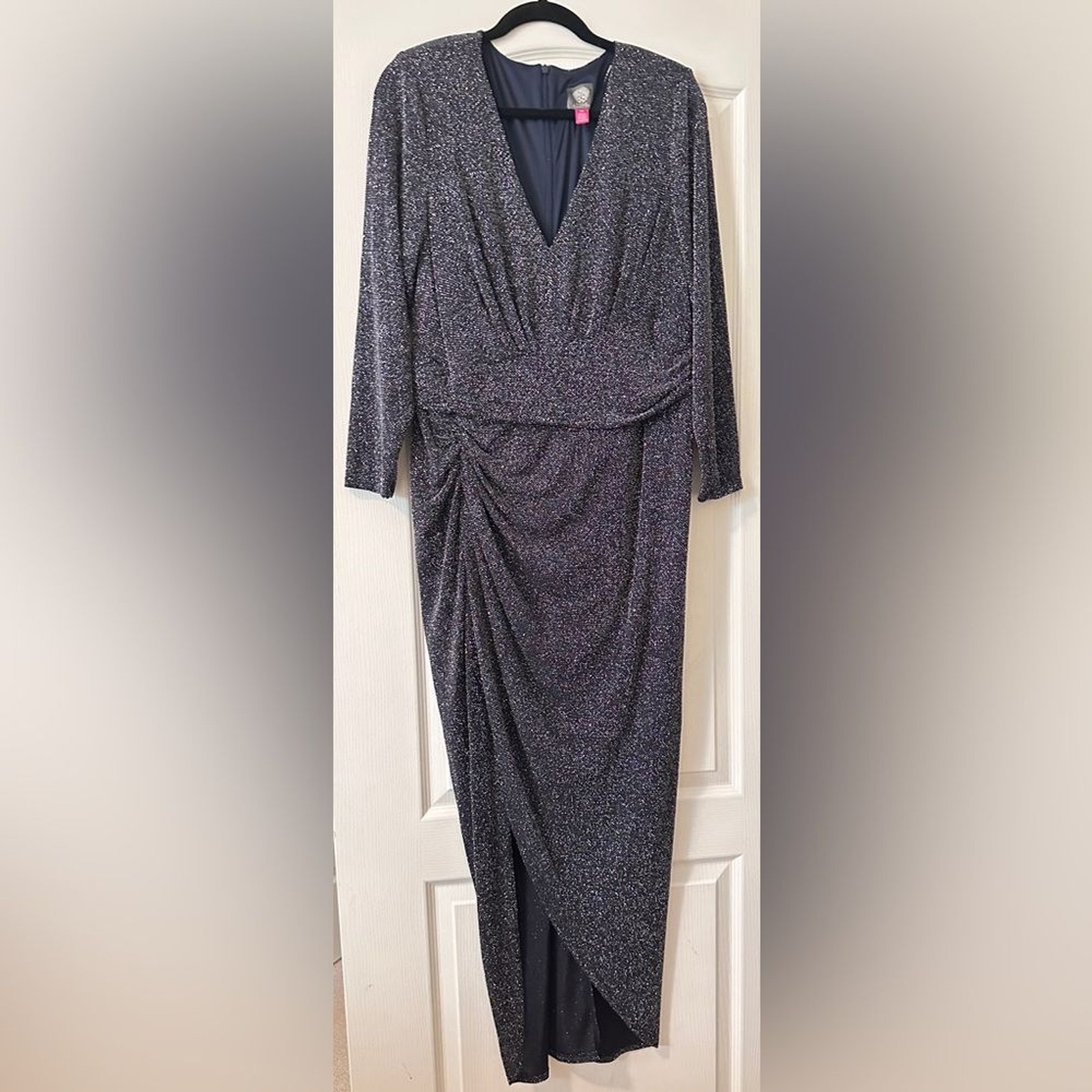 Vince Camuto Long Sleeve Draped Dress, Navy Shimmer, Size 14W