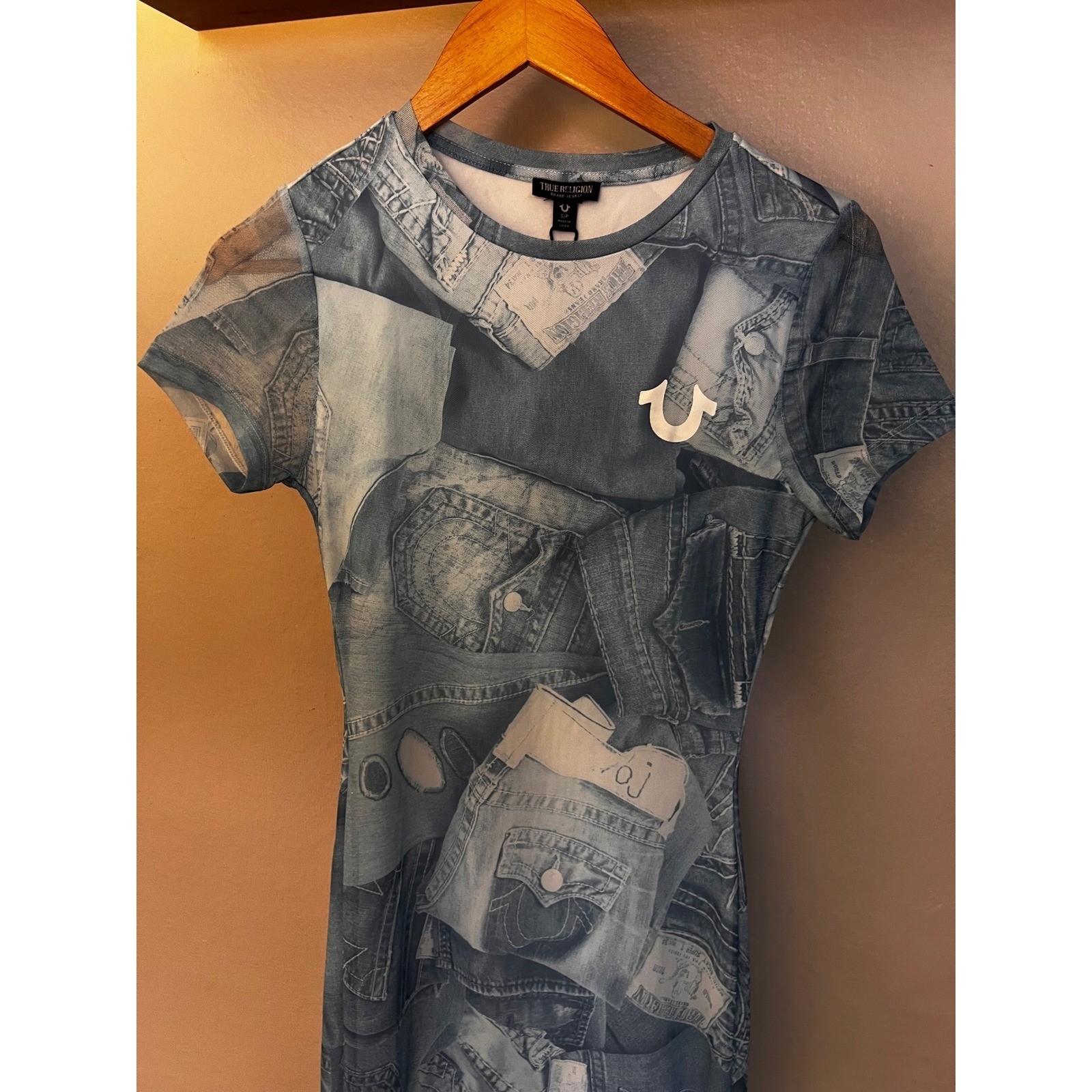 True Religion Denim Print Mesh Lined Midi Dress Blue AOP Bodycon S NEW 90s Y2K