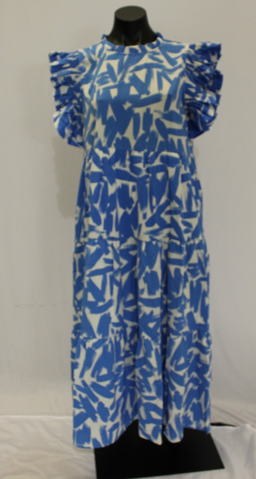 Jodifl Women’s Ruffle Sleeve Brushstroke Tier Midi Dress EJ3 Blue Medium NWT