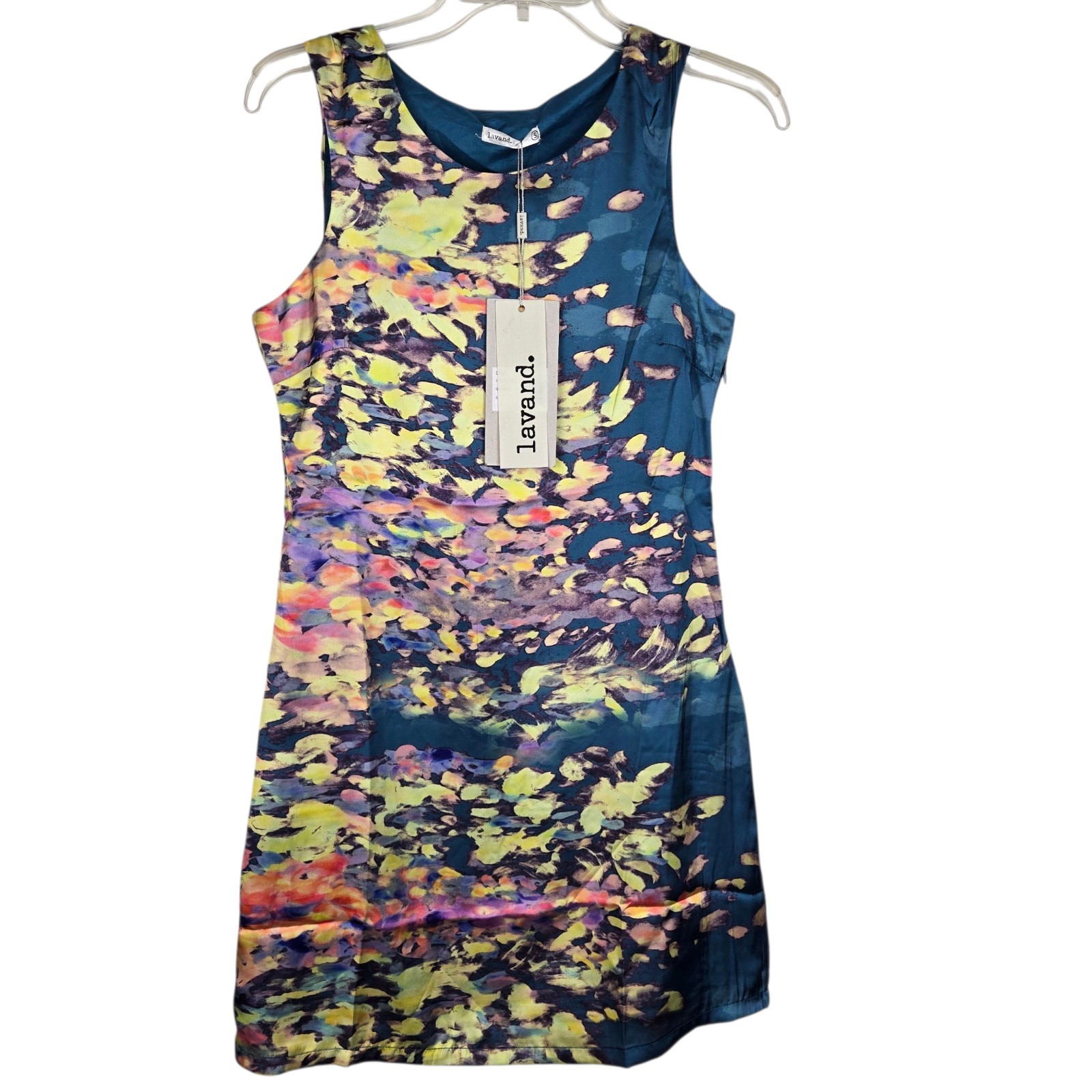 NWT Lavand Sheath Dress Sz S Sleeveless Abstract Watercolor Blue
