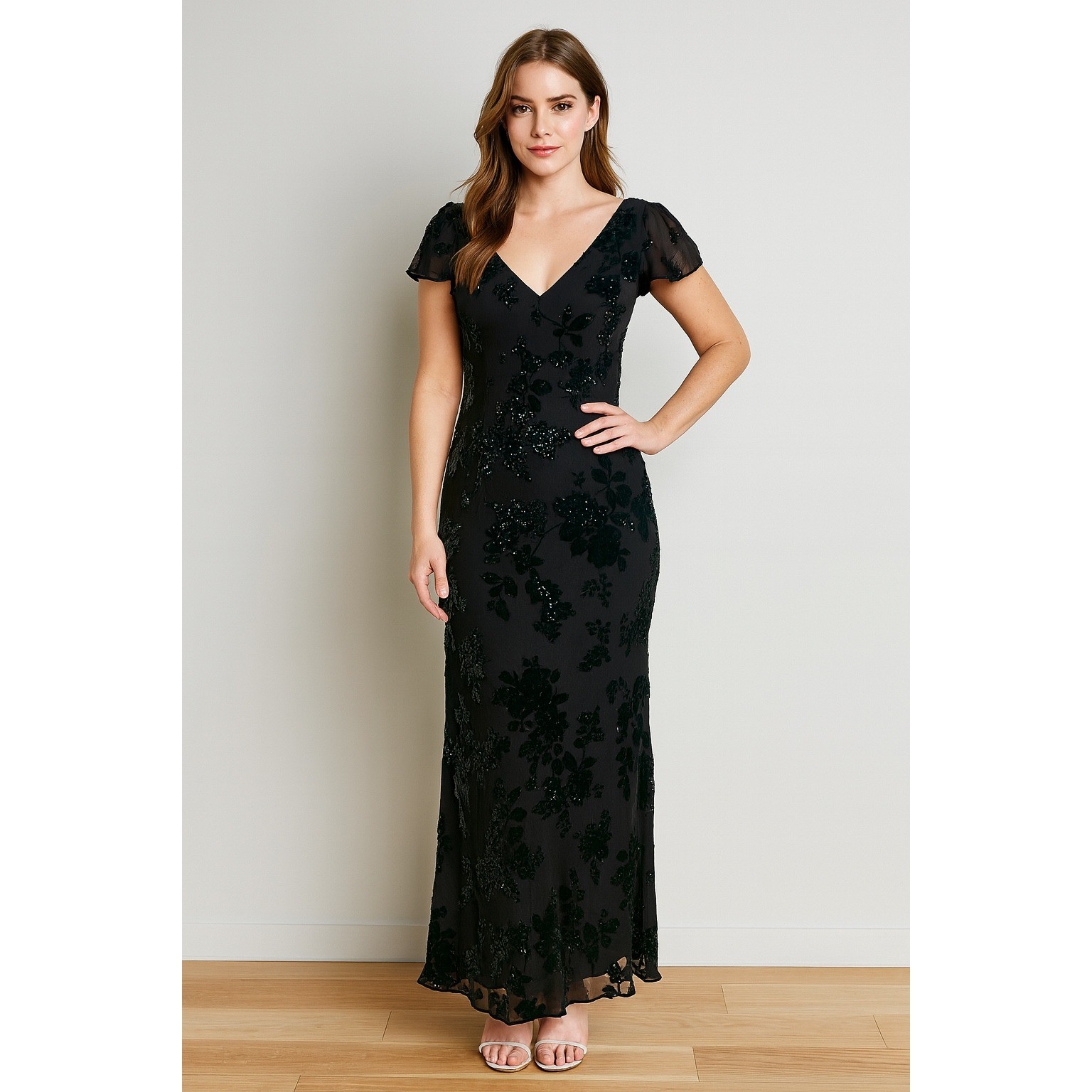 Papell Boutique Evening Dress Size 4 Velvet Silk Black Beaded Cocktail Party
