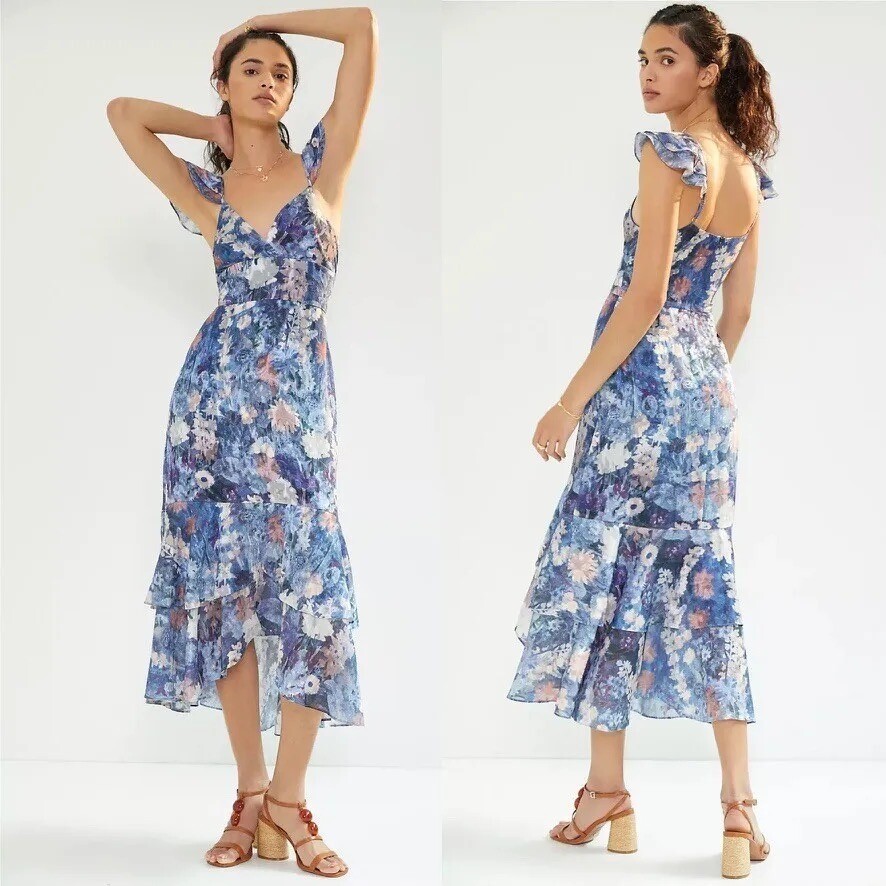 NWT- Retail $230- Hutch Anthropologie Floral Blue Ruffle Midi Dress Wedding 20W