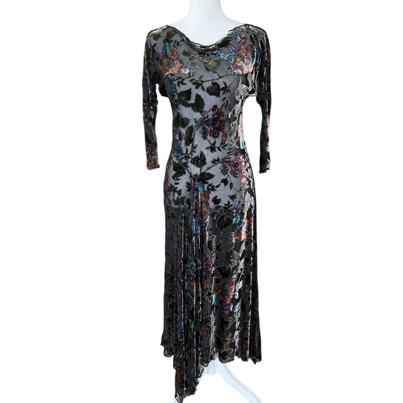Hartnell Floral Burnout Velvet Mesh Midi Dress Sheer Handkerchief Hem Vintage S