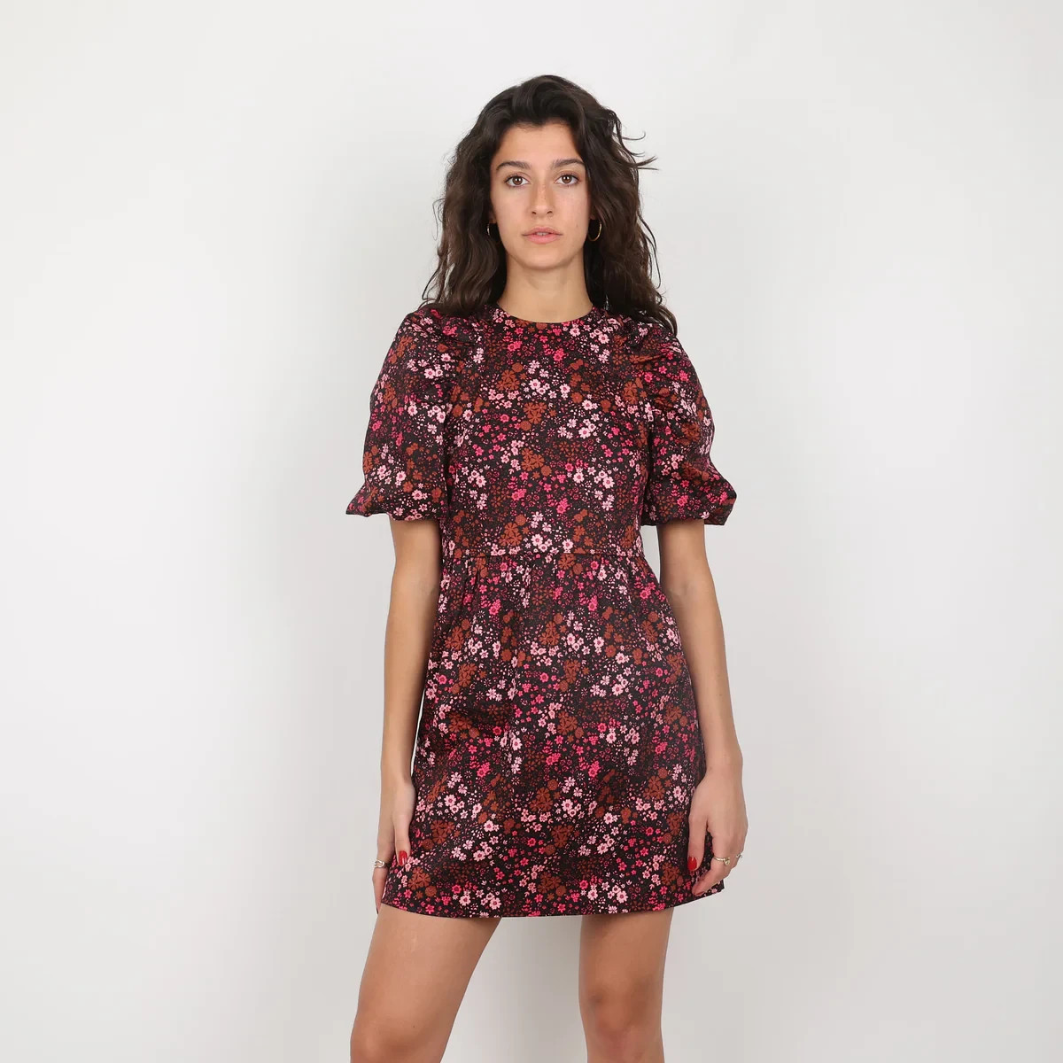 Oliver Bonas Multi Floral Print Puff Sleeve Mini Dress size 12 Ditsy Print Playf