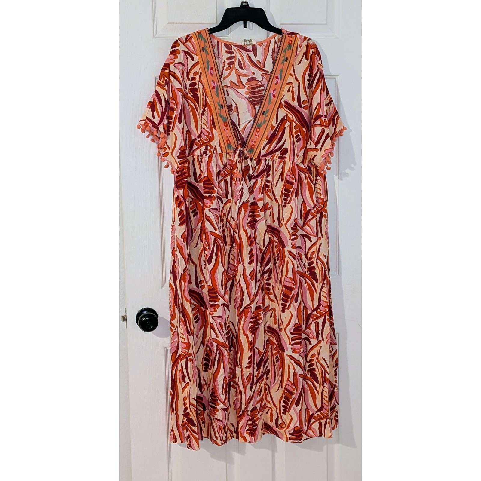 Umgee USA Abstract Leaf Print Embroidered V-Neck Boho Midi Dress L NWT $62