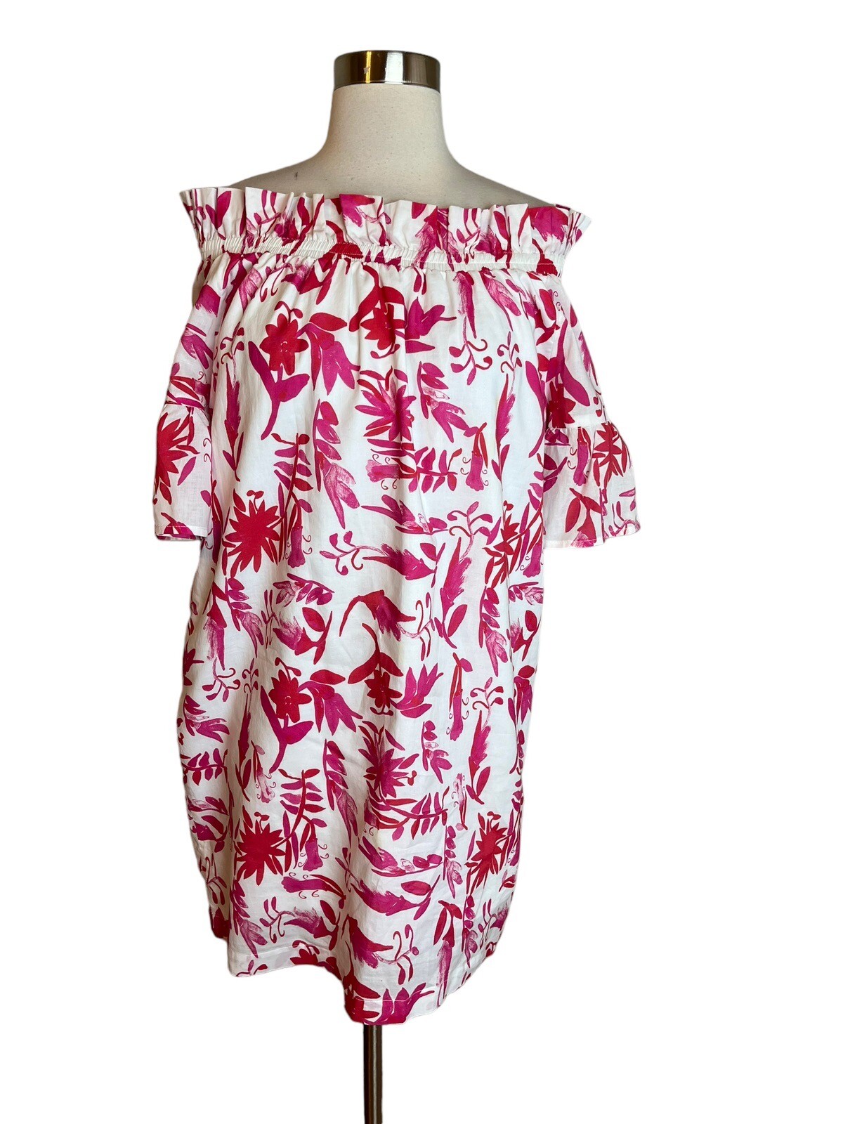 Brooke Wright Women’s Olivia Dress XS White Pink Floral Flared Sleeve FLAWED