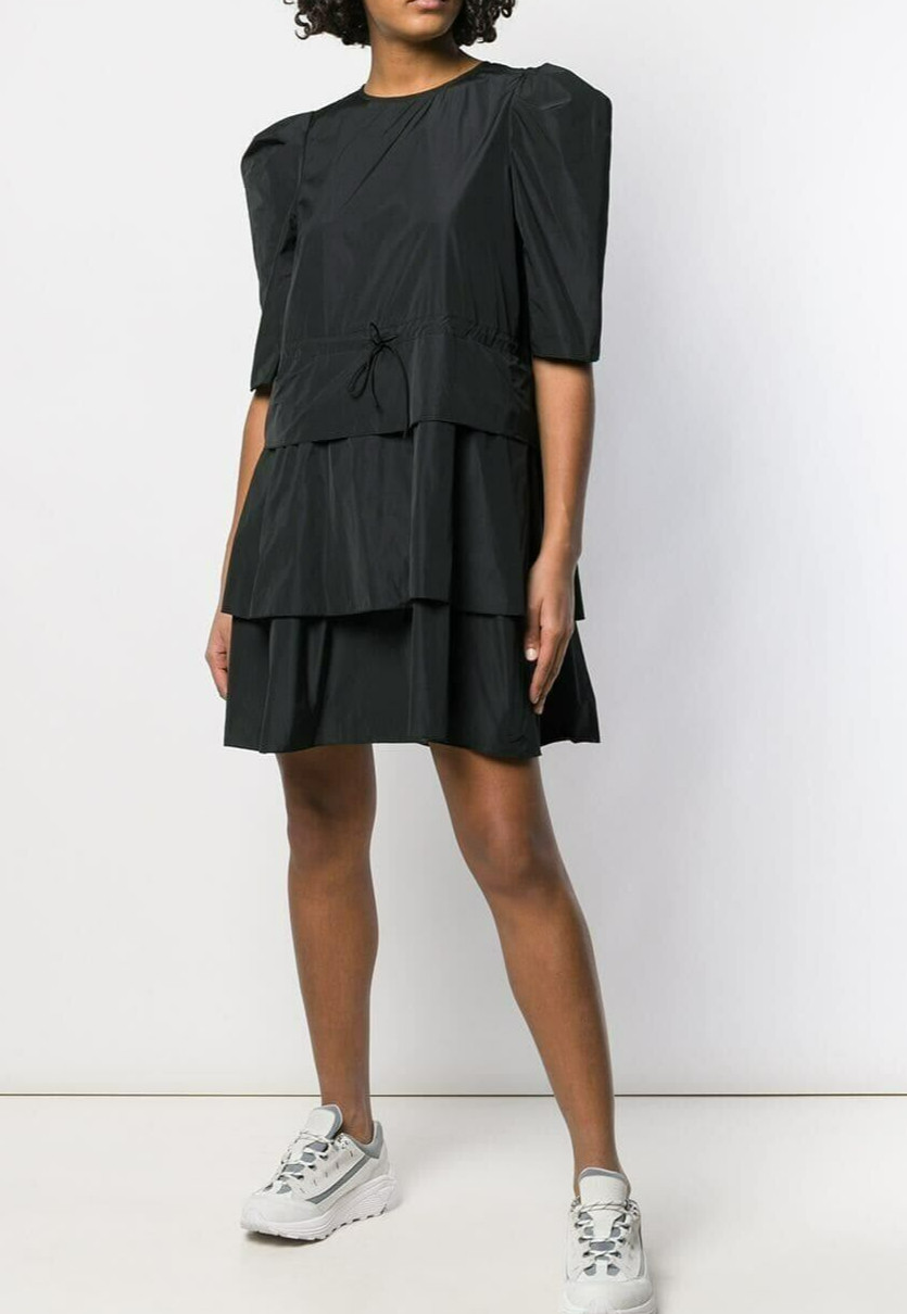SEE BY CHLOE DRESS BLACK SHORT SLEEVE DRAWSTRING WAIST TIERED RUFFLE 38 M