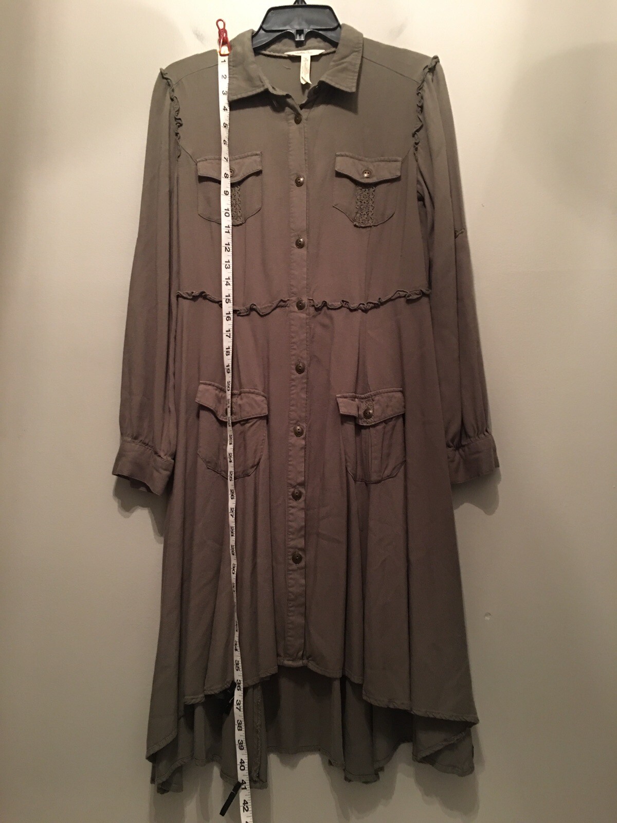 Matilda Jane Dress Button Women Medium Green Tree Canopy Roll Tab Slv Hi Lo Hem