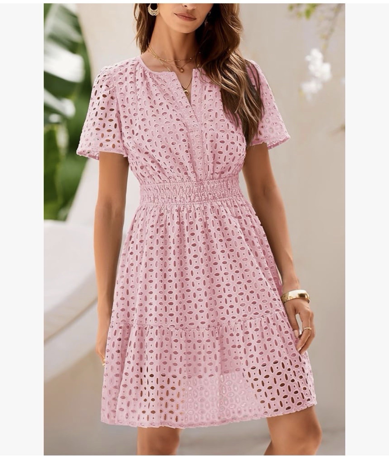 PrettyGarden Pink Eyelet Embroidered V-Neck Fit & Flare Lined Dress M