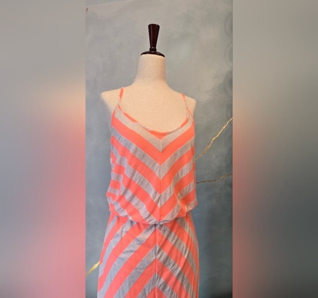 Hive And Honey Chevron Maxi Strap Dress in Coral and Cream Tan Made USA S