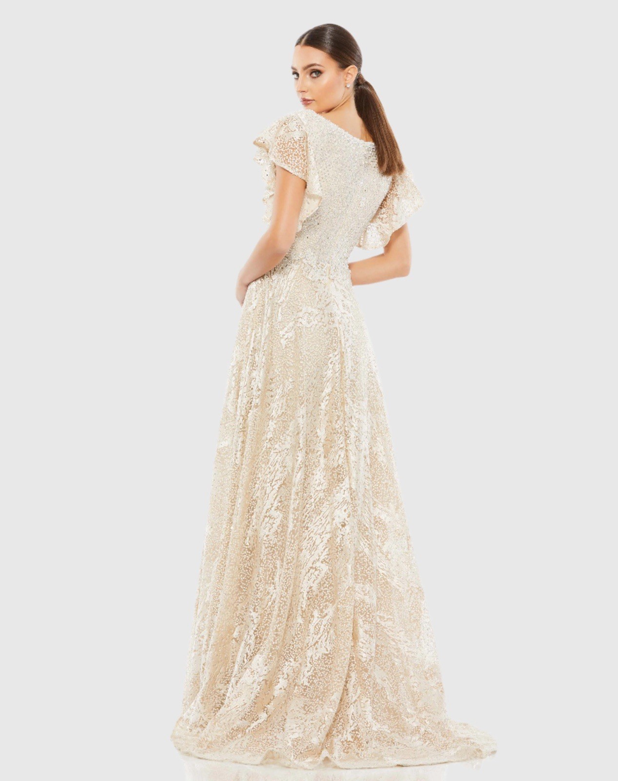 Mac Duggal Size 16 Ivory Nude Embellished Flutter Sleeve Lace A-Line Gown $798