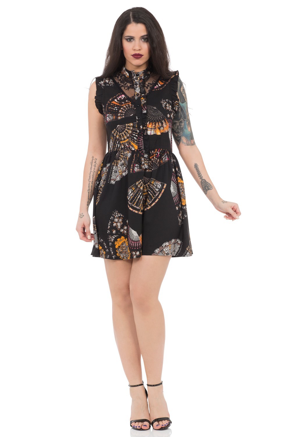 JAWBREAKER VINTAGE RETRO LEATHAL DEADLY FAN DANCE HIGH NECK MINI DRESS DRA8199