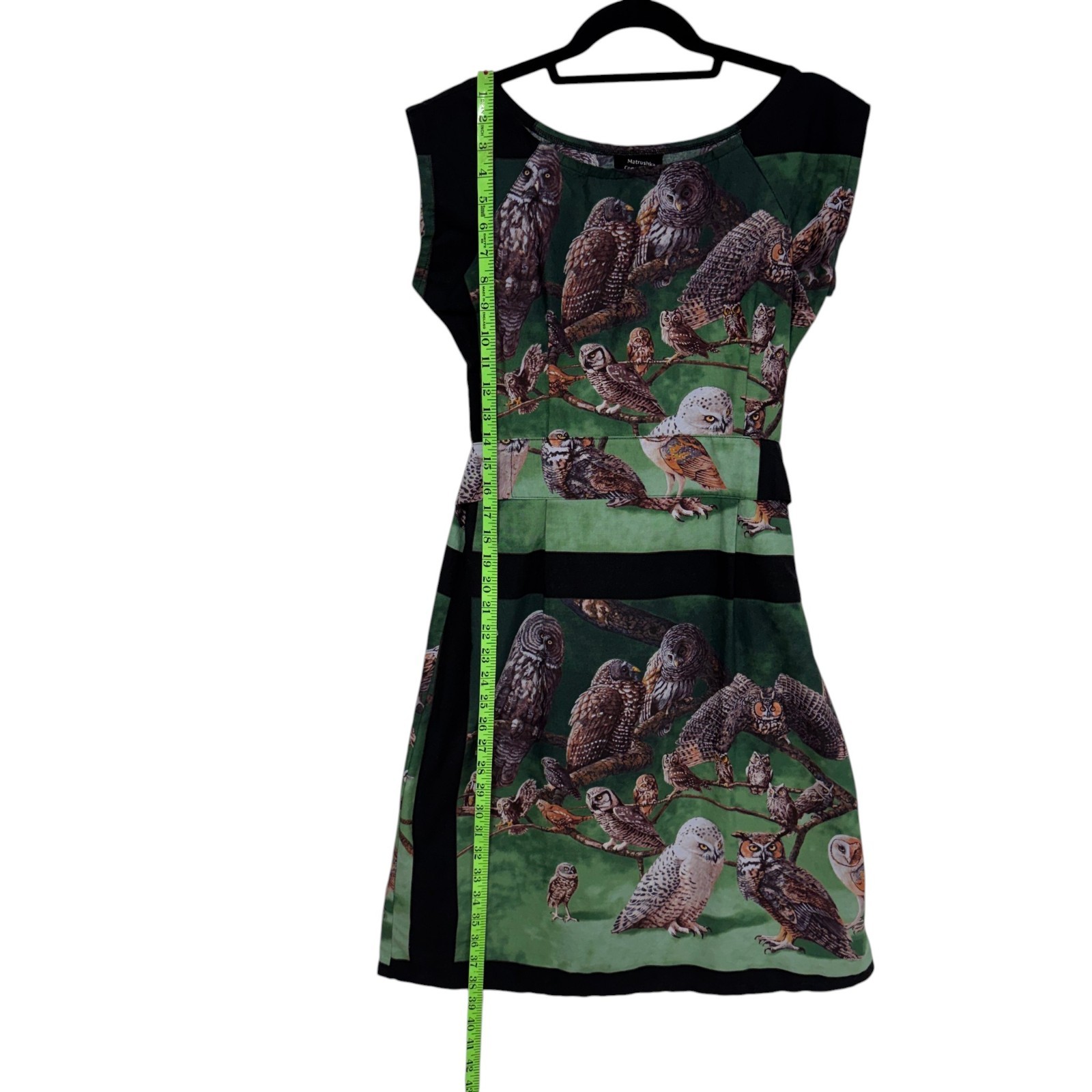 Matrushka Construction Shift Dress, Size Small, Owl Print Belted Handmade Unique