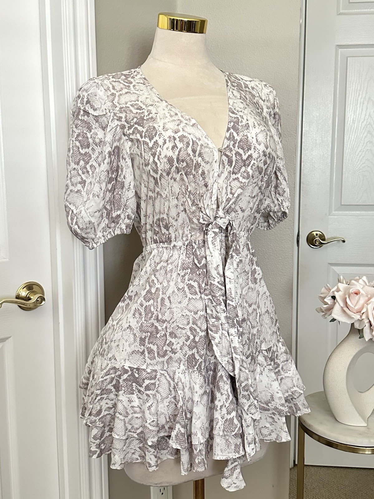 Olivaceous White Lilac Snake-Print Mini Dress w/ Front Tie & Ruffle Hem Sz S