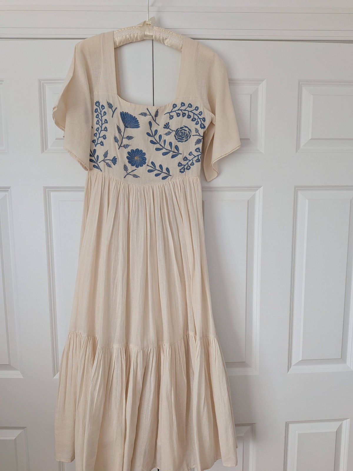 Carolina K White Blue Embroidered Cotton Maxi Dress Size Small Saks EUC