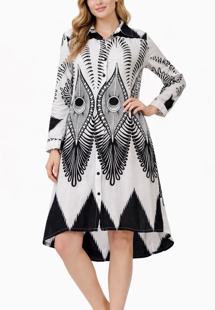 A4 Step in Style Black & White Peacock Feather Print Asymmetrical Dress 2x NWT