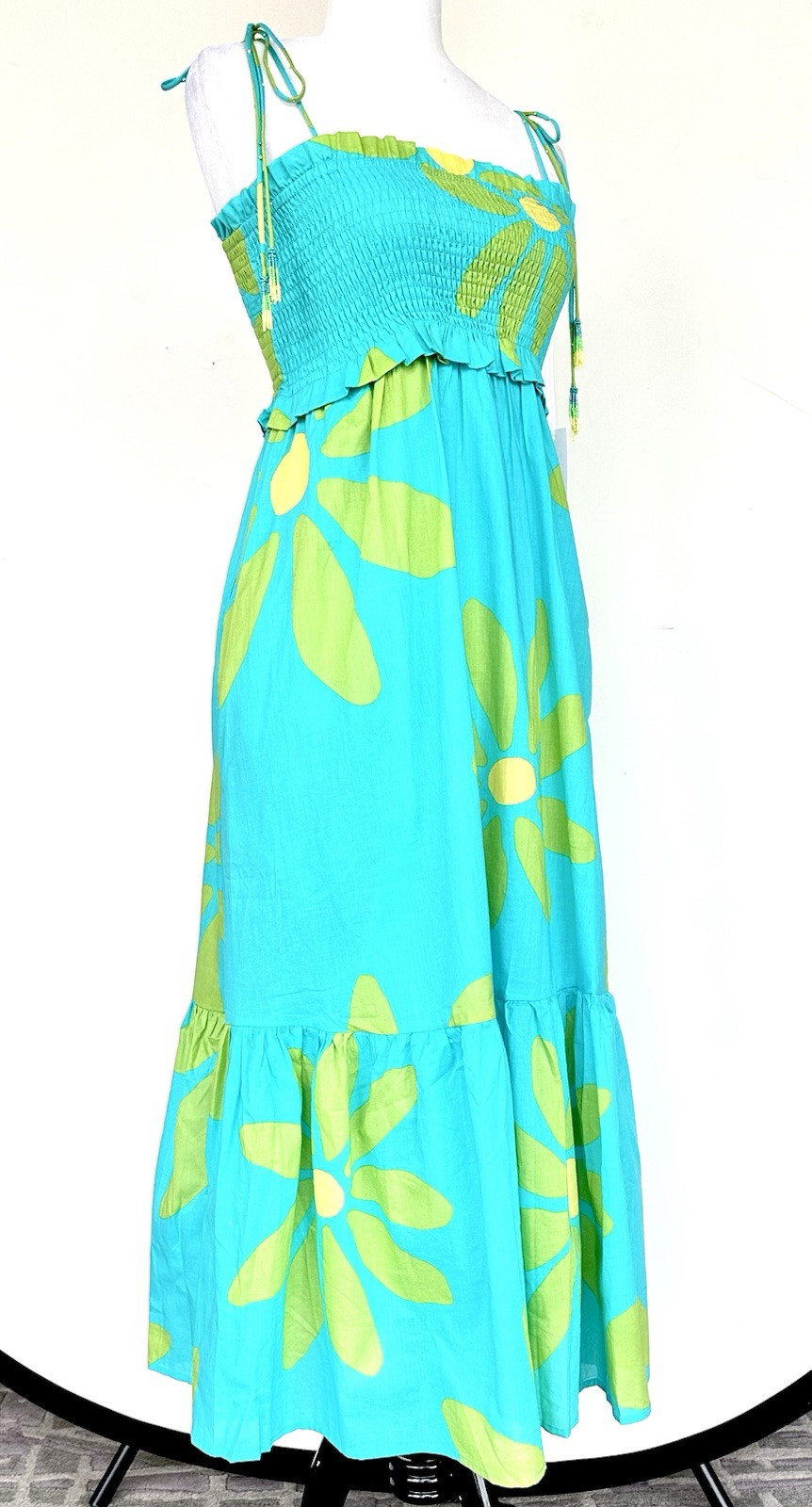 J Marie Indie Smocked Dress Beaded Strap MIDI Dress Retails $172 Size S NWT