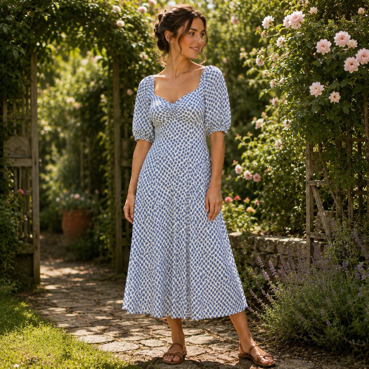 Lucy Paris Sweetheart Midi Dress Size S Blue Polka Dot Puff Sleeves Romantic