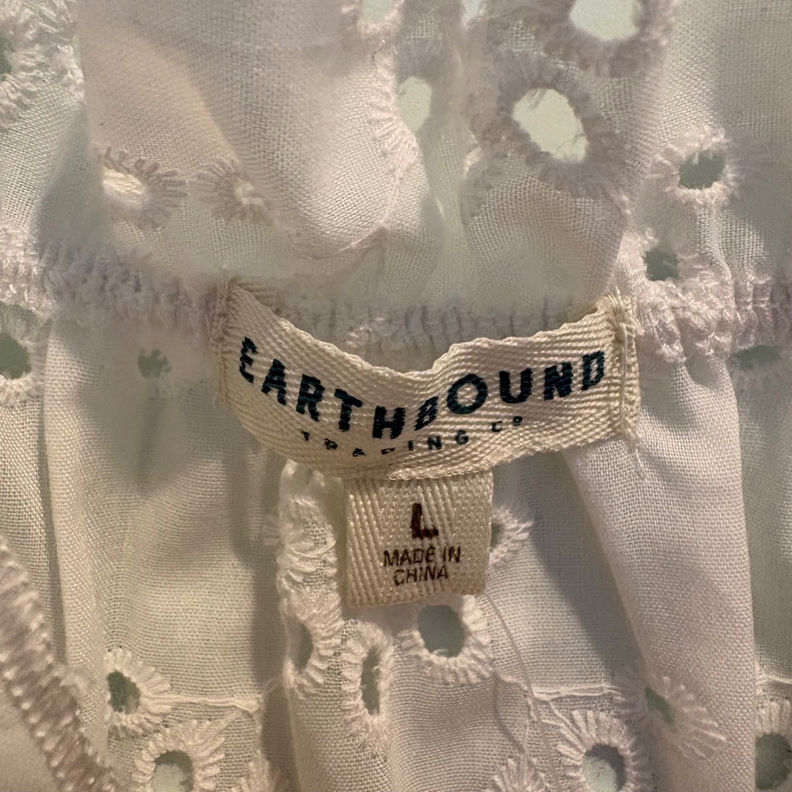 NWT Earthbound Trading Co Eyelet Midi Dress Large White Off Shoulder Tassel Tie