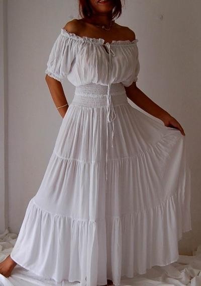white dress peasant smocked ruffled S M L XL 1X 2X 3X 4X 5X 6X PLUS ONE SIZE