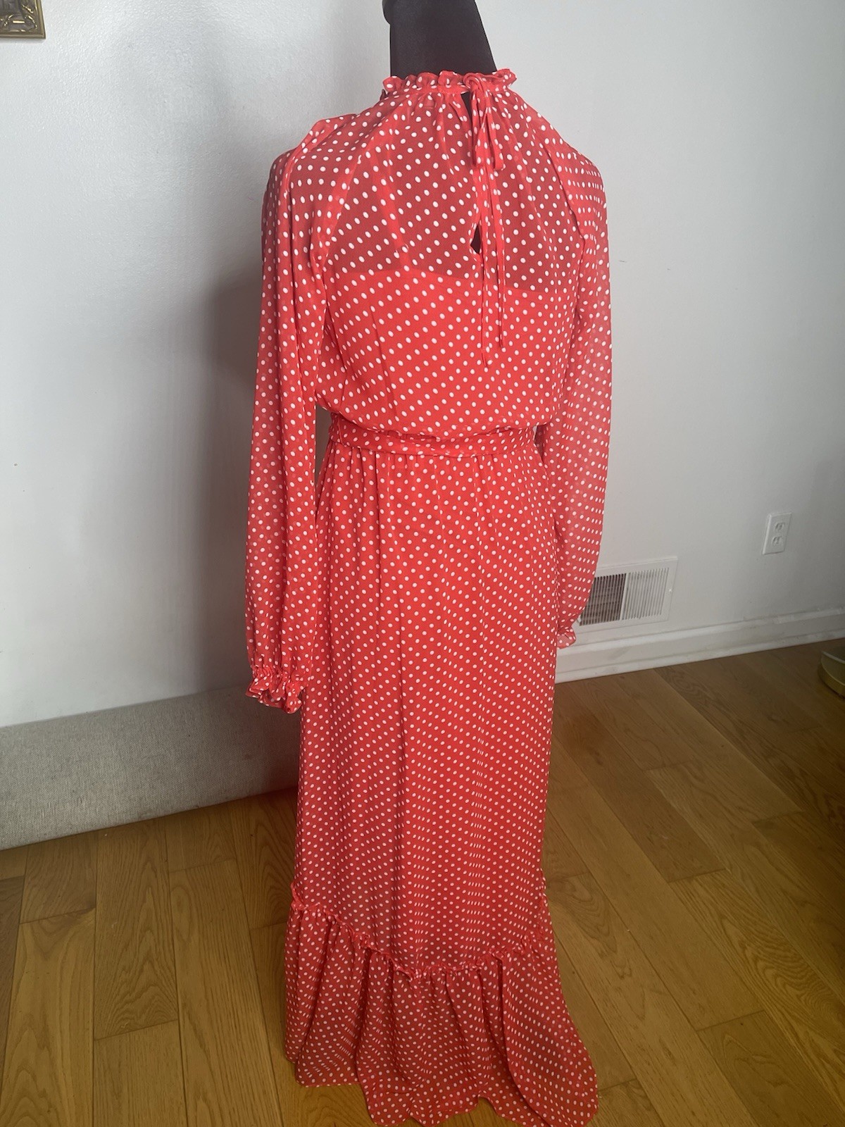 BCBGMAXAZRIA Women’s Red/White Polka Dot Long Sleeve Maxi Dress Ruffle XS