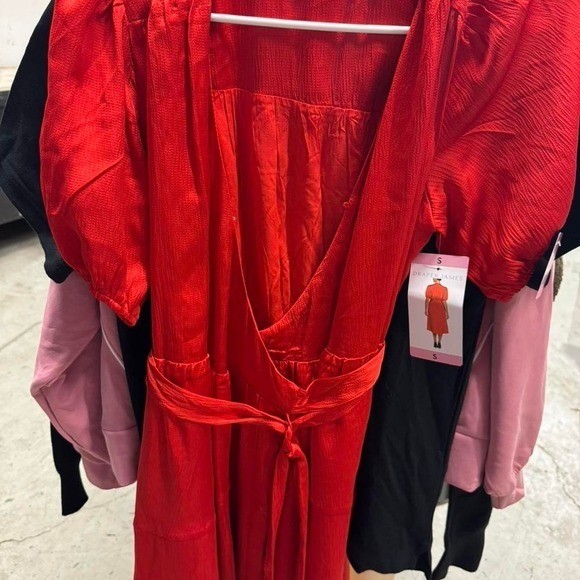 Women’s Red Wrap Tie Waist Dress Puff Sleeves Size S NWT