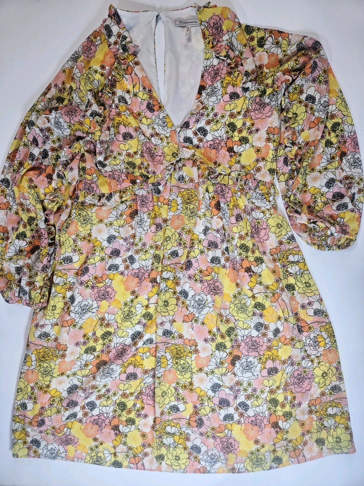 BCBGeneration Midi Dress Womens Size 4 Yellow Pink Orange Floral Cottagecore