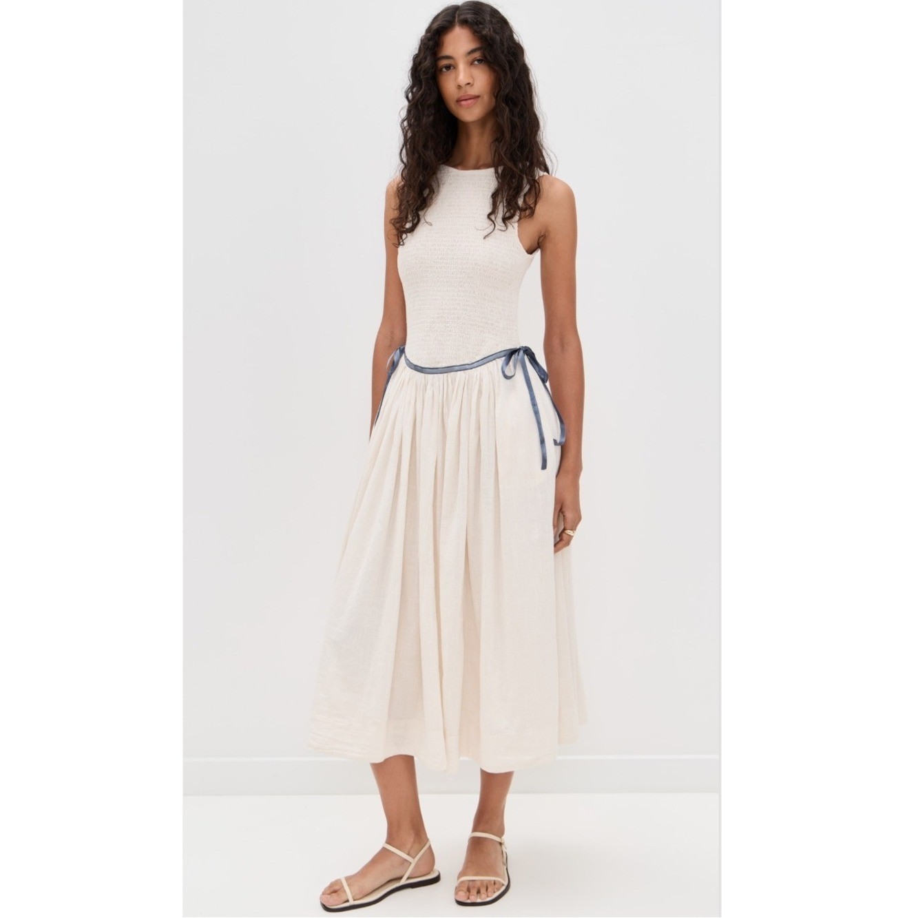 Free People Nightingale Smocked Seersucker Midi Dress in Tea Navy Combo New!