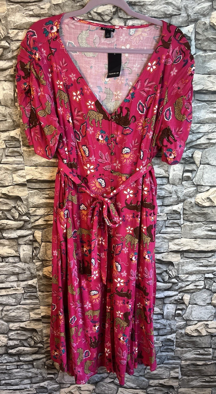 Torrid Midi Rayon Slub Button Front Tie Safari Dress Leopard Plus Sz 2 NWT