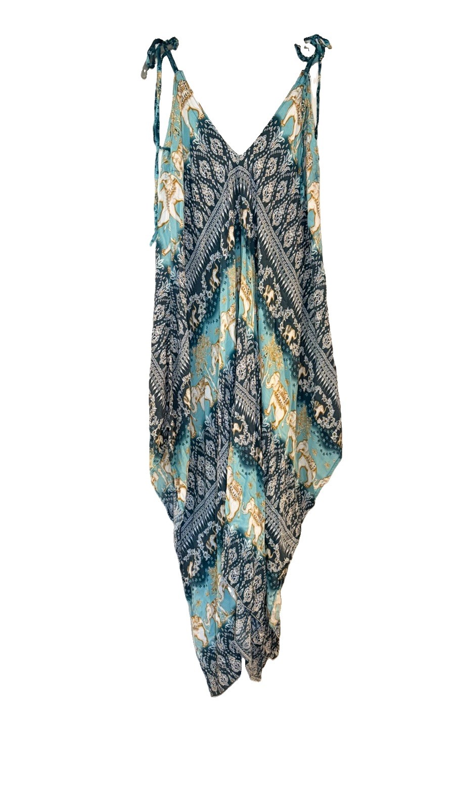 India Womens Dress OS Teal Blue Stripe Elephant Midi Casual Boho Hippie Festival