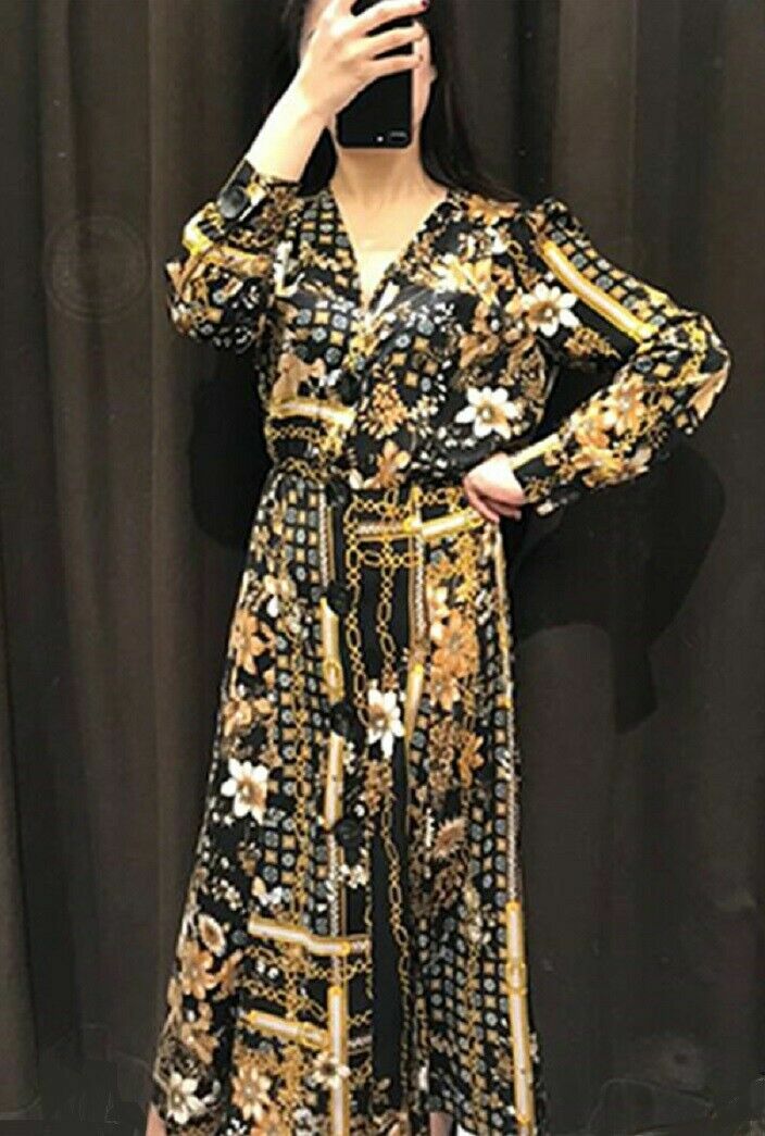 Zara Floral Scarf Print Button Up Chain Midi Dress Flowing XS New Boho Festival