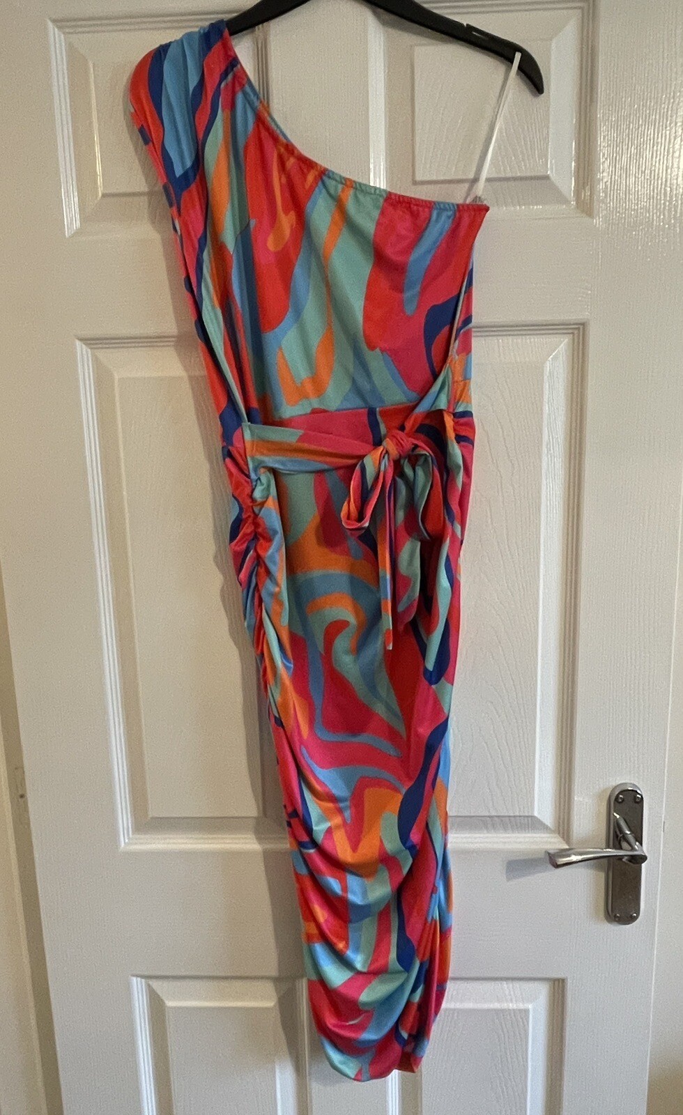 CHICME Multicoloured One Shoulder Tie Belt Summer Dress – Size Large – VGC