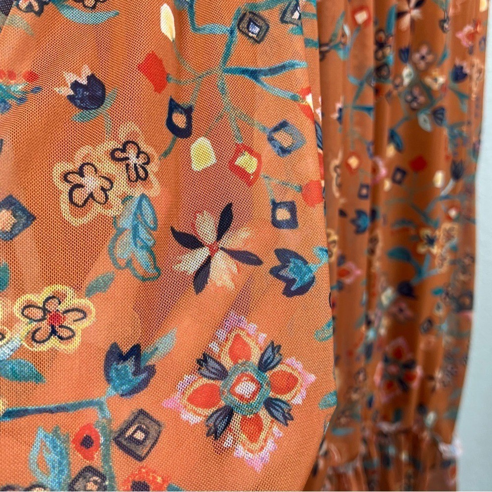 Canyon Retreat Mesh Cottagecore Modest Flutter Sleeve Dress Copper XL Floral