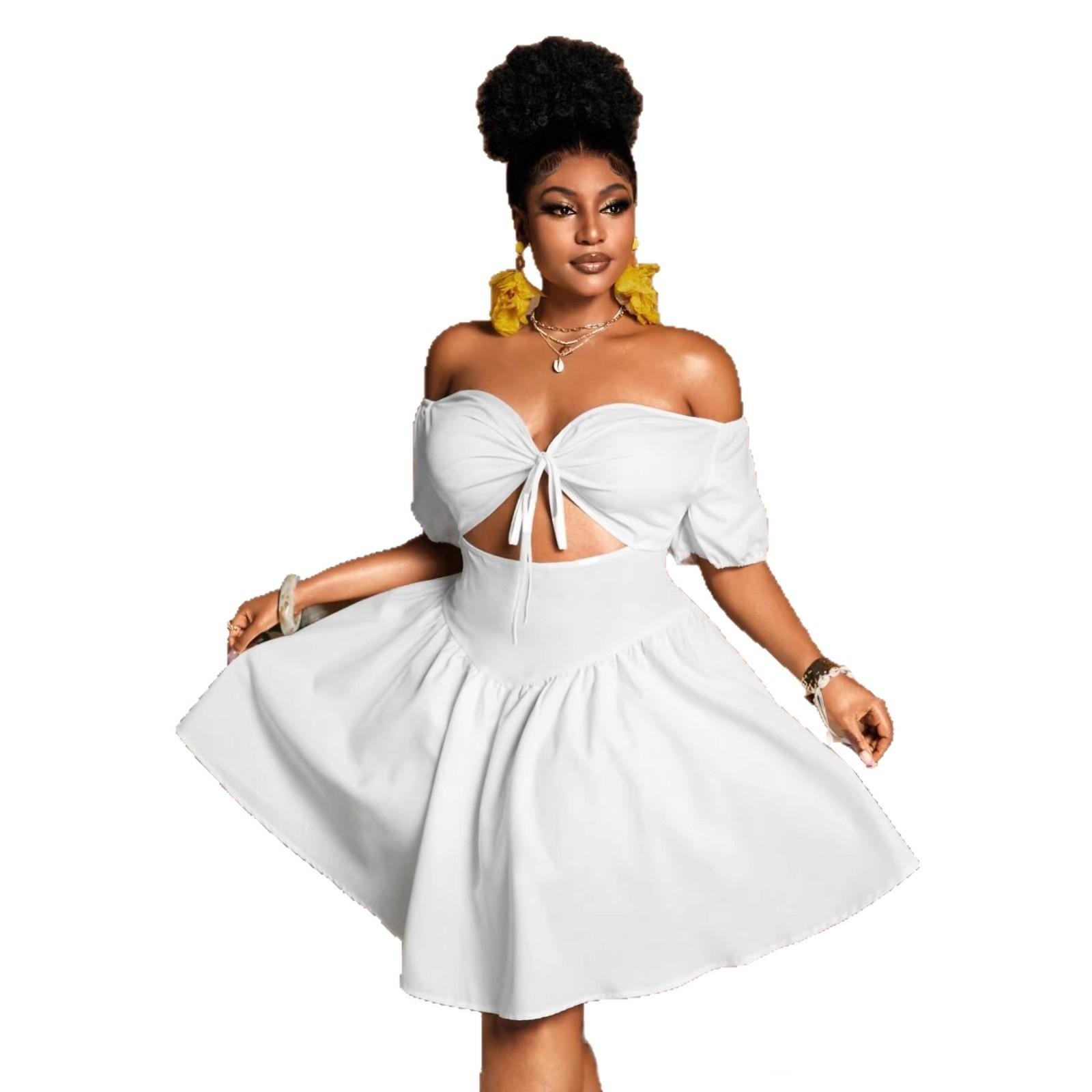 Womens Solid-color Plus-size Off-shoulder Midriff-baring Puff-sleeve Dress