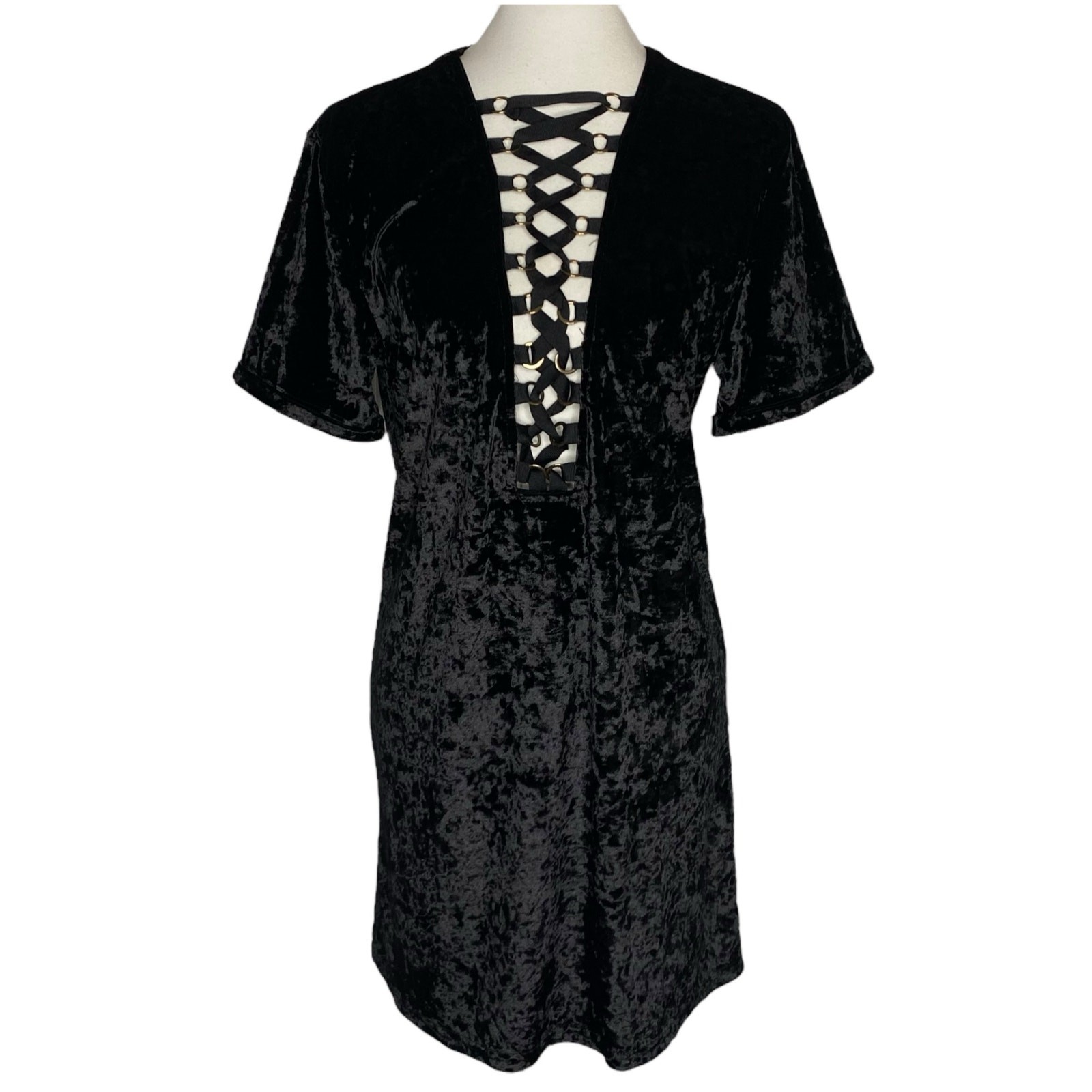 Gothic Black Velvet Corset Front Dress Solaris Style Witchy Grunge Tunic Large