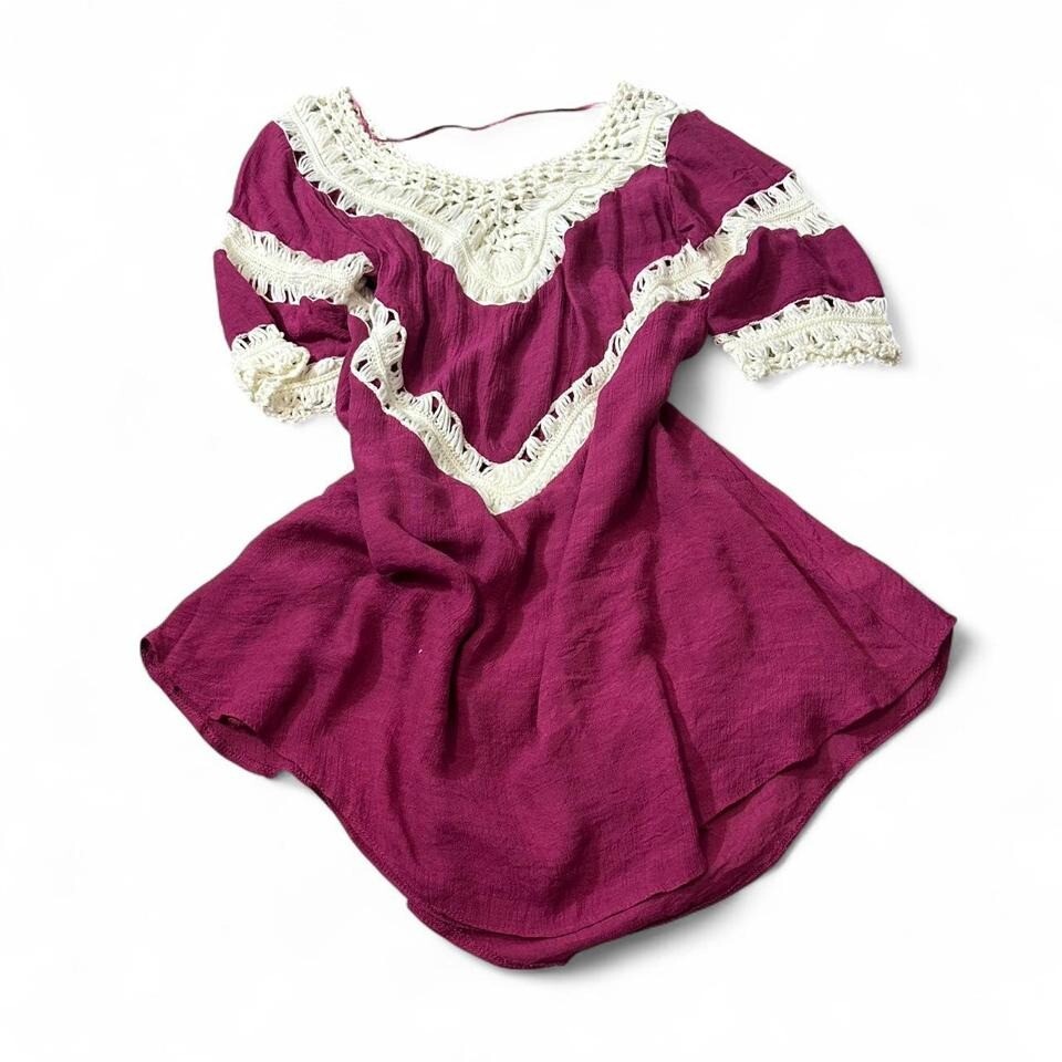 Spliced Crochet Tunic Pink & White Dress, Women’s Size S
