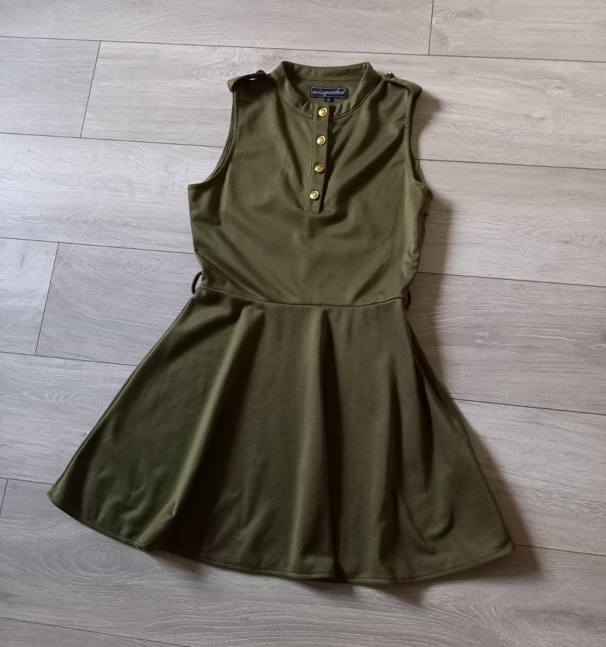 Missguided Khaki Green Stretch Flared Dress Utility Casual Feature Buttons UK10