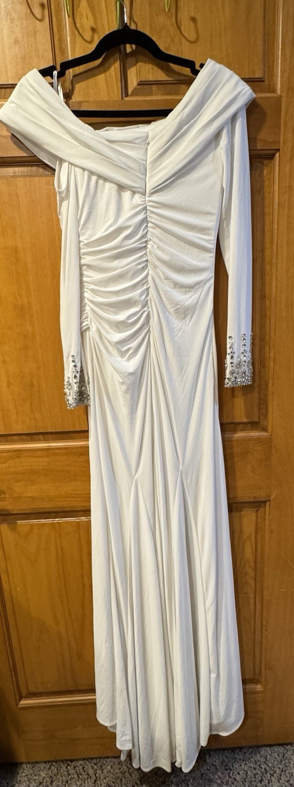 Mac Duggal White Off Shoulder Long Sleeve Beaded Cuff Side Slit Bridal Gown