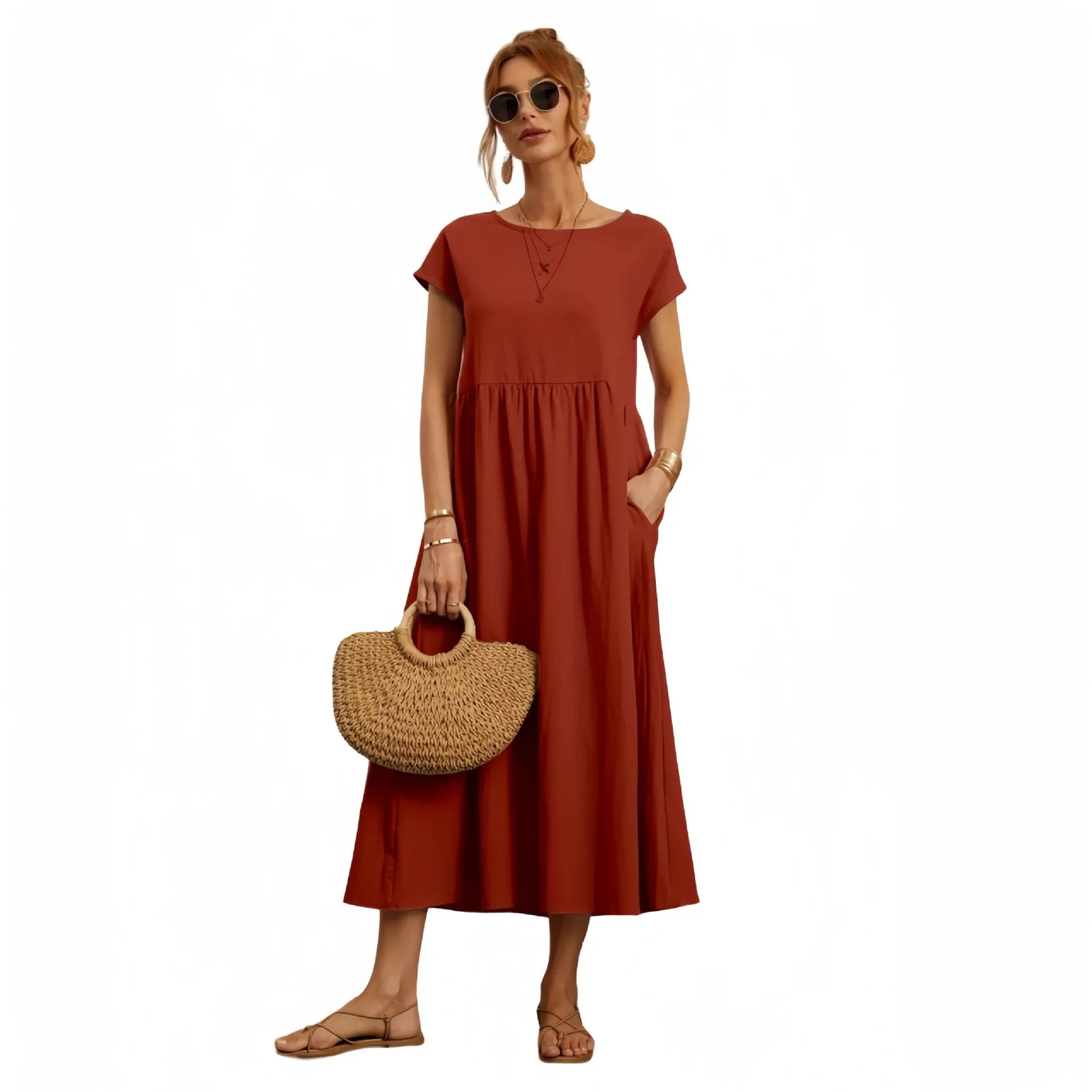 Loose Cotton Lin Short Sleeve Women Dress with Pocket Pure Color Empire Waist