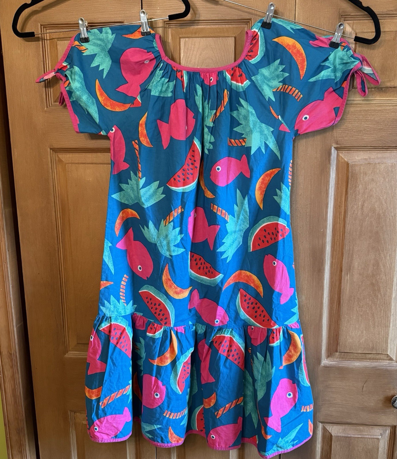 VTG Brownstone Studio Oversized House Dress Mumu Beach Cover Sz S Fish Ruffled