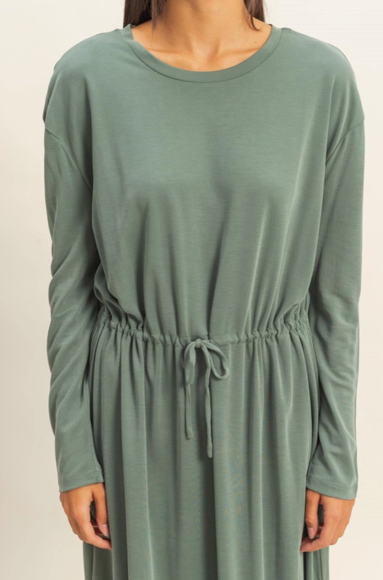 Double Zero Drawstring Waist Long Sleeve Midi Dress gray green