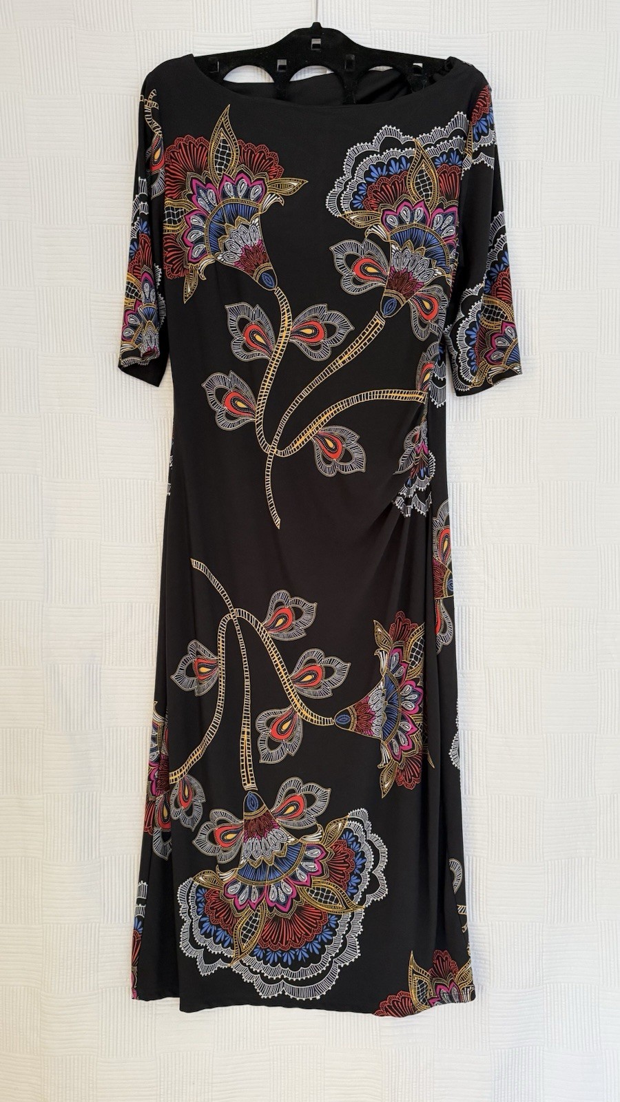 London Style Black Maxi Dress with Multicolor Flowers Pattern Size 12