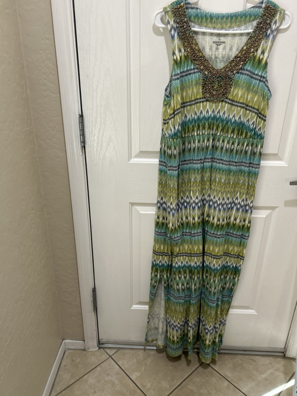 Sonoma Life Style Maxi Sundress Size L With Wooden Bead Neckline