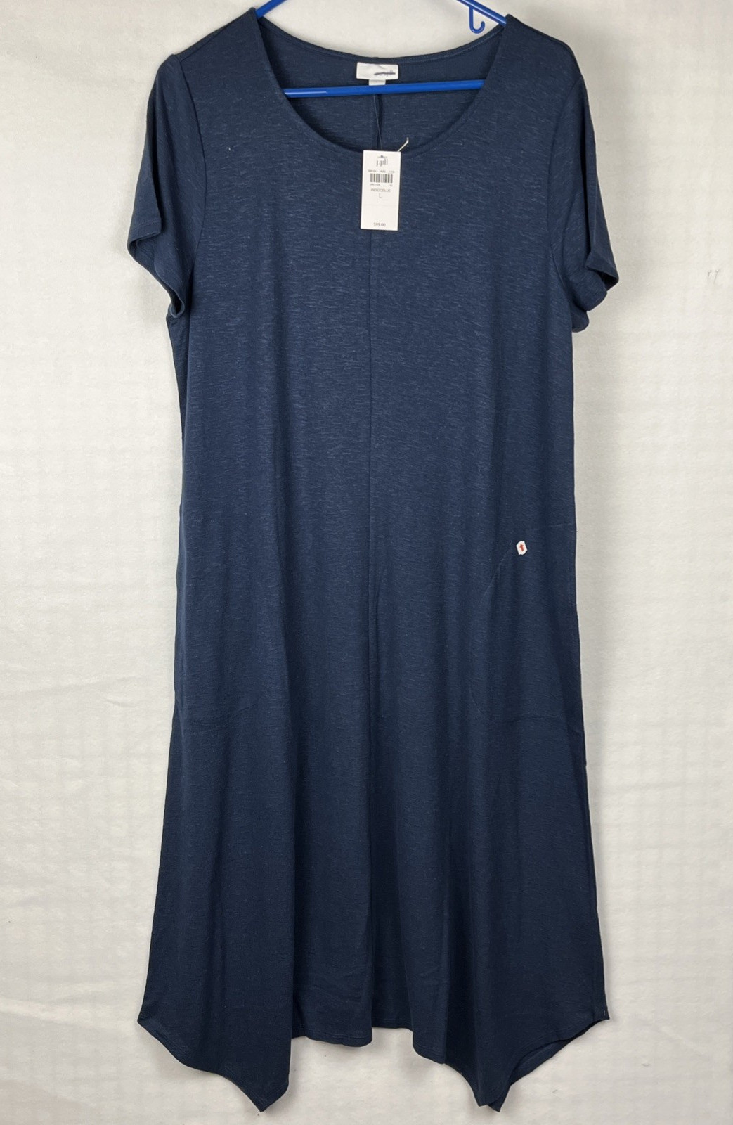 J Jill Dress Large Indigo Blue Knit Pockets Casual Purejill Handkerchief Hem